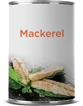 Can labeled "Mackerel" with fish and herbs depicted.