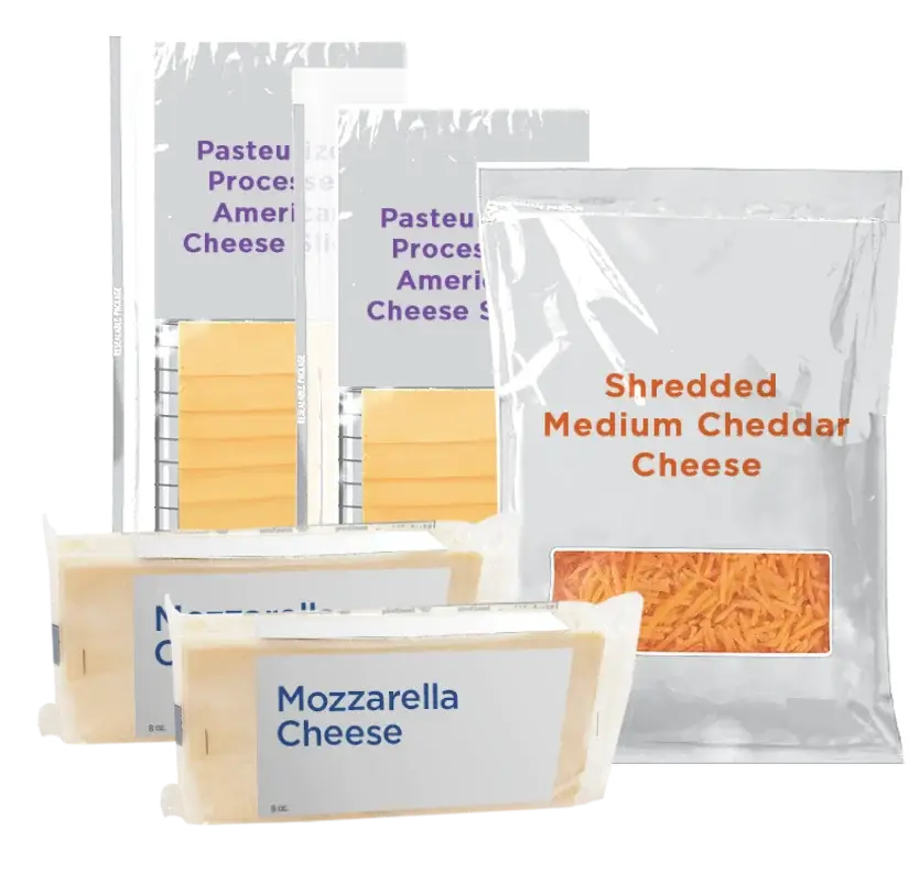 Assorted packaged cheeses, including cheddar and mozzarella.
