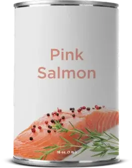 Canned pink salmon with herbs and peppercorns.