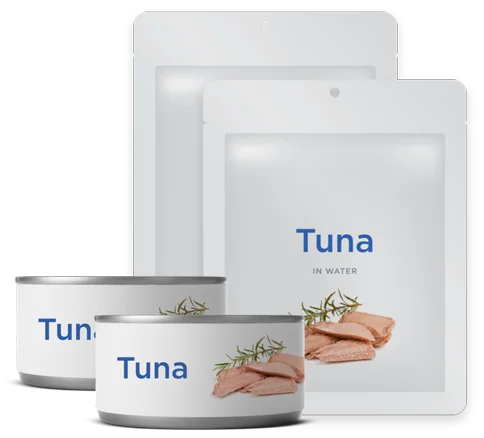 Tuna packages and cans on white background.