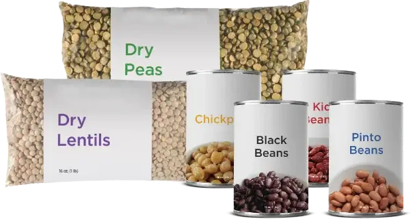 Assorted dry beans and lentils in packages and cans.