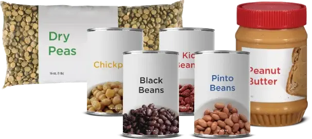 Canned beans and peanut butter with dry peas.