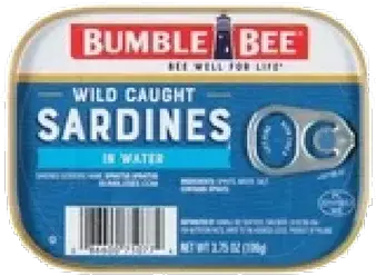Sardine can labeled "Bumble Bee" with pull-tab lid.