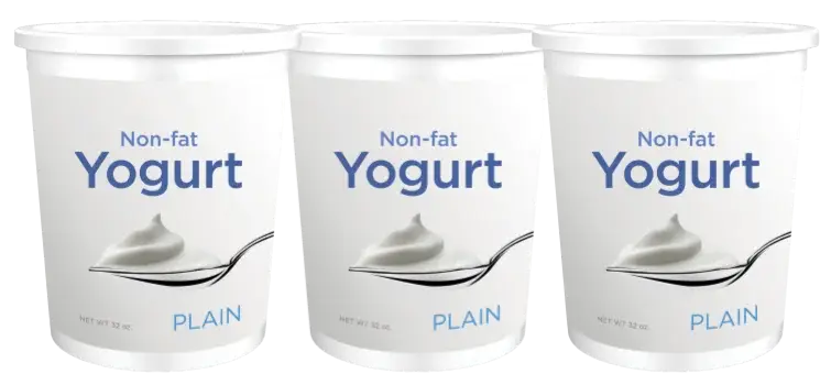 Three tubs of plain non-fat yogurt.