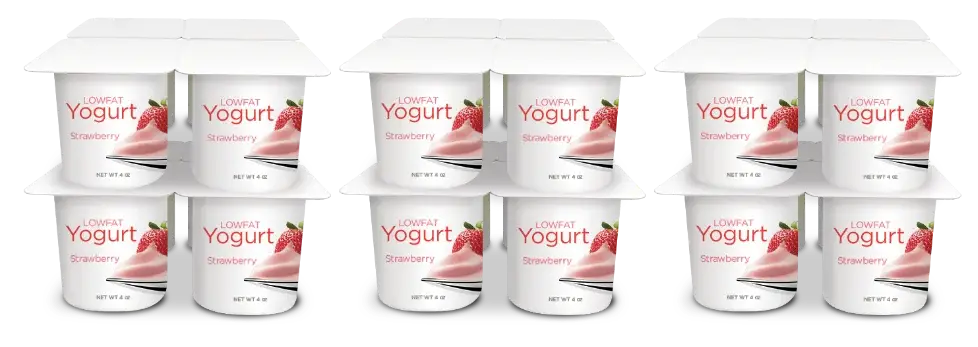 Six packs of strawberry low-fat yogurt lined up.