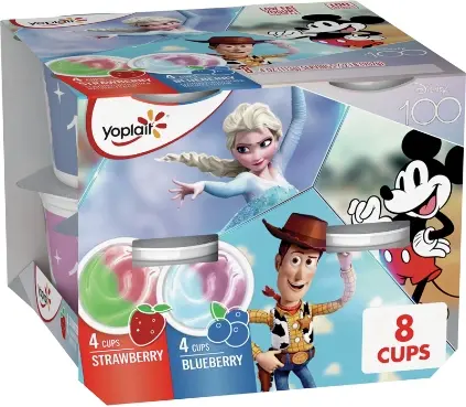 Disney-themed yogurt pack featuring characters, eight cups included.